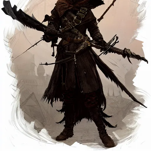 Image similar to an ultra detailed vector image of solaire of astora dressed as the hunter from bloodborne, concept art by alphonse mucha and greg rutkowski, praise the blood moon, octane render, liminal space