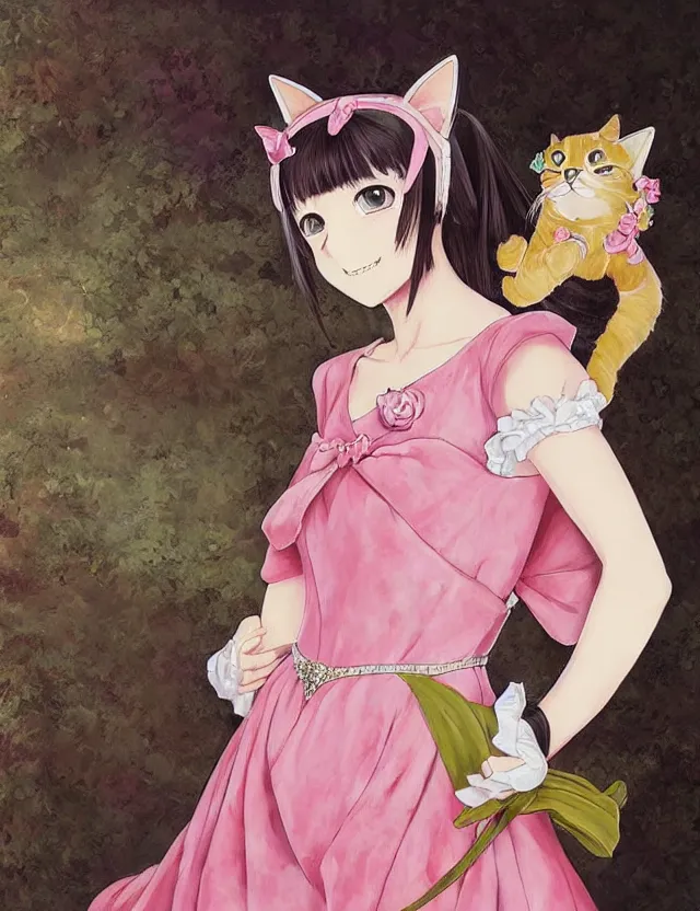 Prompt: princess with cat ears, wearing a lovely dress. this oil painting by the award - winning mangaka has impeccable lighting, an interesting color scheme and intricate details.