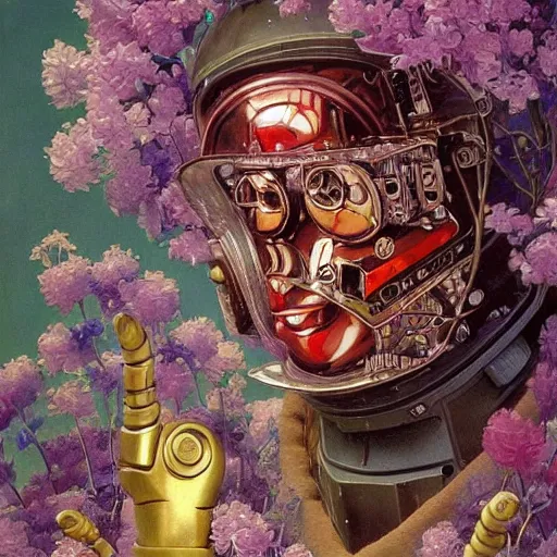 Image similar to a robot wearing a facemask made from flowers, reflective detailed textures, highly detailed fantasy science fiction painting by moebius, norman rockwell, frank frazetta, and syd mead. rich colors, high contrast. artstation