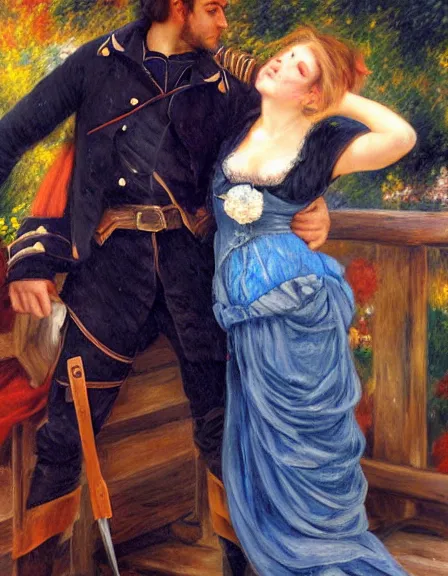 Image similar to couple in love. fully clothed armed female pirate captain with a male pirate partner, sun, summer, blue eyes, beauty, wisdom, love, strength, knowledge, smart, portrait, symmetrical, highly detailed, digital painting, artstation, smooth, sharp focus, illustration, strength, art by renoir and louis theophile hingre. 8 k