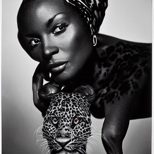 Image similar to a beautiful african lady and the black leopard, black and white, by richard avedon,