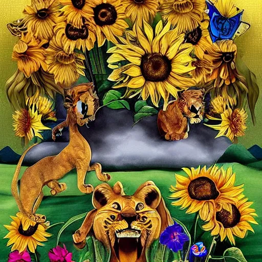 Image similar to lions and sunflowers 🌻🌫 in the style of salvador dali