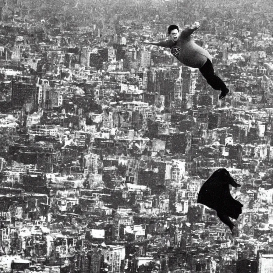 Image similar to “Fat old Superman with no hair flying over destroyed city looking exhausted and sad. Newspaper photo.”