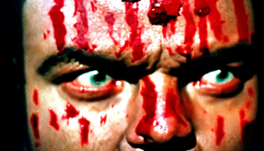 Image similar to 1 9 6 0 s movie still close - up of marcus atilius regulus'face with blood in the eyes down the eyes, cinestill 8 0 0 t 3 5 mm, high quality, heavy grain, high detail, texture, dramatic light