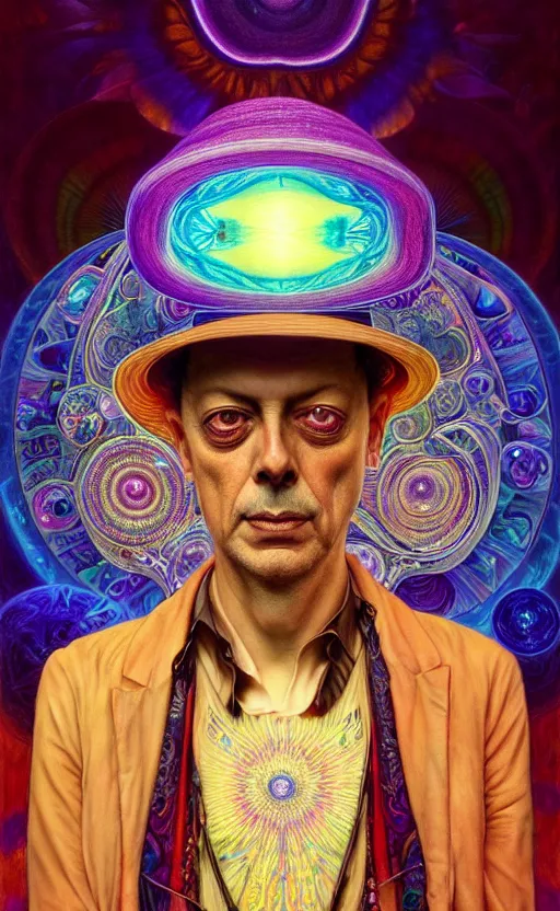 Image similar to An extremely psychedelic celestial larry harvey in his white fedora hat, colorful, surreal, dramatic lighting, magic mushrooms, psilocybin, LSD, face, detailed, intricate, elegant, highly detailed, digital painting, artstation, concept art, smooth, sharp focus, illustration, art by Krenz Cushart and Artem Demura and alphonse mucha