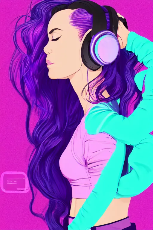 Prompt: a award winning half body portrait of a beautiful woman in a croptop and cargo pants with ombre purple pink teal hairstyle with head in motion and hair flying listenin to music on headphones by wlop, outrun, vaporware, shaded flat illustration, digital art, trending on artstation, highly detailed, fine detail, intricate