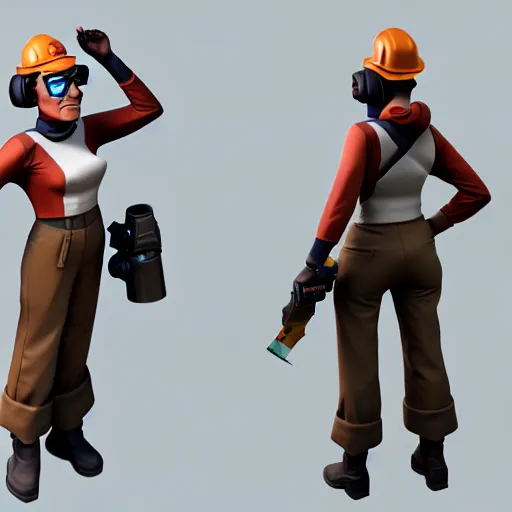 Prompt: 3 d render of engineer from team fortress 2 by valve as a woman, 4 k, 8 k, hd, high resolution, highly detailed, intricate detail, ultra realistic faces, digital art, trending on artstation, team fortress 2
