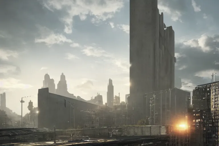 Image similar to streetscape, a towering cathedral of brutalist architecture, buildings covered with greebles, stunning volumetric light, sunset, metal, concrete and translucent material, stunning skies, majestic landscape, trending on Artstation, 8k, photorealistic, hyper detailed, unreal engine 5, IMAX quality, cinematic, epic lighting, in the style of Greg Rutkowski