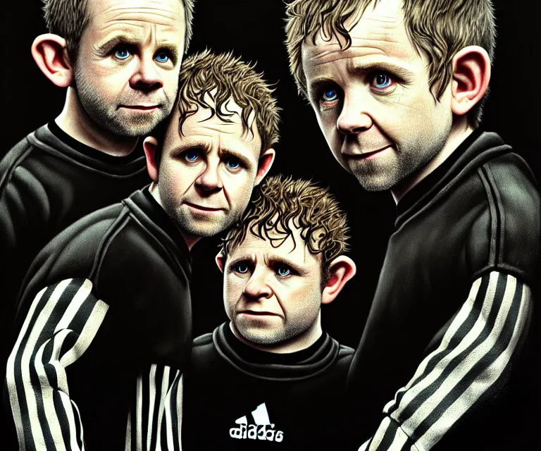 Image similar to a detailed fifty mm portrait of dominic monaghan, billy boyd, sean astin, as hobbits in black adidas track suits with white stripes, headshot, highly detailed, digital painting, artstation, concept art, sharp focus, cinematic lighting, illustration, art by met mangindaan, artgerm and greg rutkowski, alphonse mucha, cgsociety