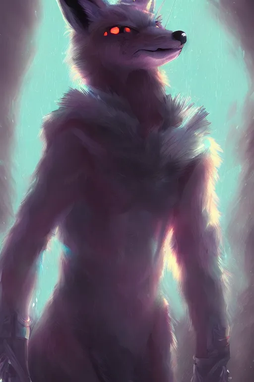 Image similar to a fox fursona, trending on artstation, by kawacy, furry art, digital art, cyberpunk, high quality, backlighting