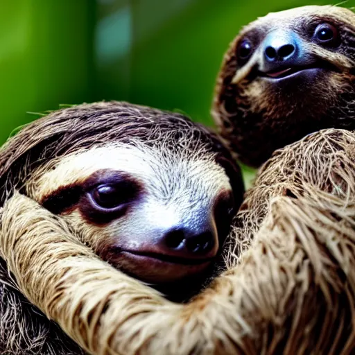 Image similar to a sloth hugging a turtle