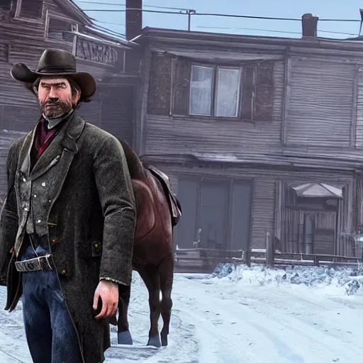 Prompt: arthur from rdr 2 in russia reality nowadays at tolyatti sportivnaia street, cars, snow, buildings photorealism