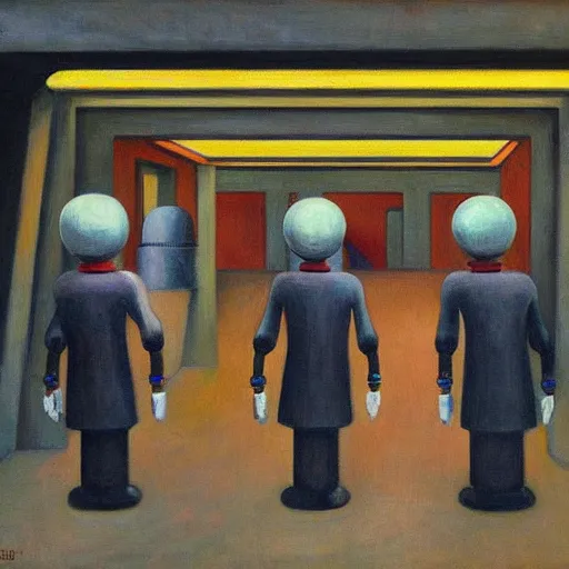 Image similar to drab human workers, guarded by evil robots, brutalist escalator, atrium, cloudy, dystopian, pj crook, edward hopper, oil on canvas