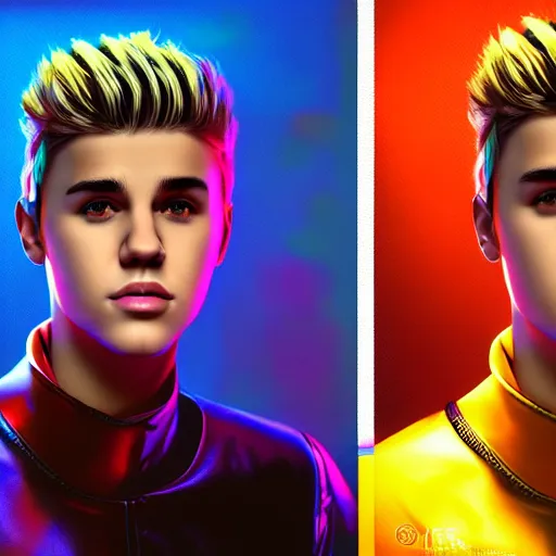 Image similar to A hyper real comic book style portait painting of Justin Bieber as a robot, unreal 5, hyperrealistic, octane render, cosplay, RPG portrait, dynamic lighting