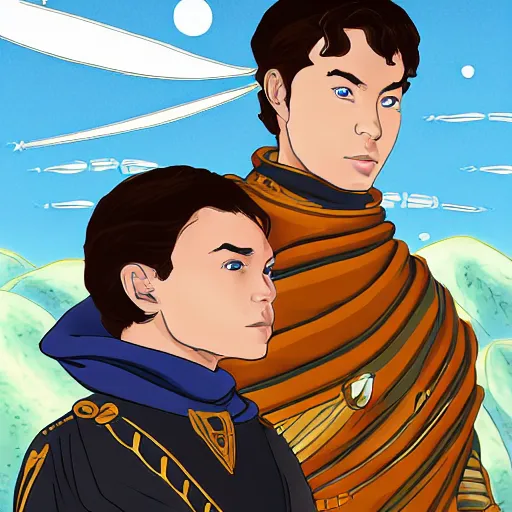 Image similar to family portrait of duke leto atreides and prince paul atreides, dune, aristocratic, space opera, in the style of yamato - e, tosa school, tosa mitsuoki, tosa mitsunobu, iwasa matabei, awataguchi takamitsu.