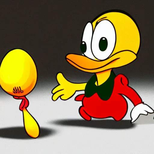 Prompt: Young Scrooge McDuck at White Agony Creek holding up goose egg nugget, hyper realistic digital art by Disney, epic full length, exquisite detail, post-processing, low angle, masterpiece, cinematic