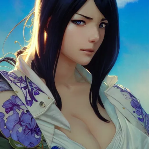 Image similar to highly detailed vfx portrait of nico robin by eiichiro oda, makoto shinkai, alphonse mucha, sharp focus, art by artgerm and greg rutkowski!, backlit, harsh overhead sunlight, blue eyes, stanley kybric, yusuke murata, pixiv, fanbox,