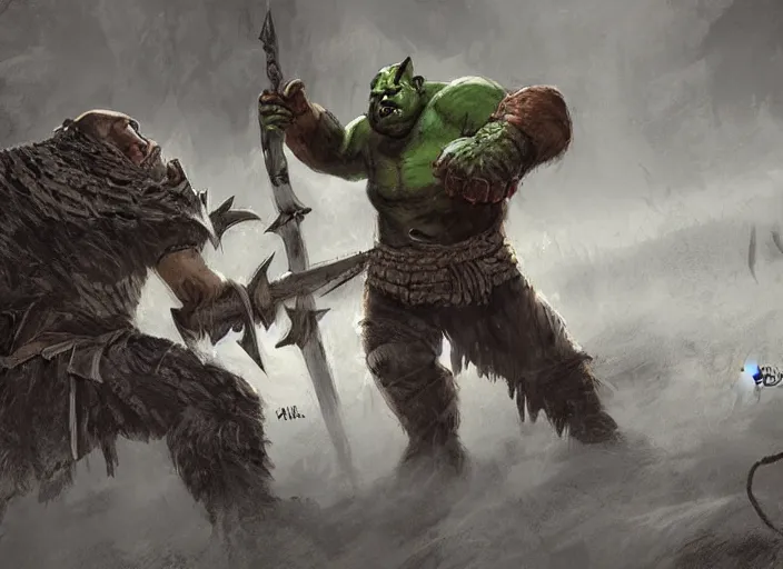 Prompt: a warrior fighting a orc, fantasy illustration by nils gulliksson