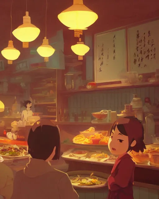 Prompt: chinese buffet in a homely little restaurant, cory loftis, james gilleard, atey ghailan, makoto shinkai, goro fujita, studio ghibli, rim light, exquisite lighting, clear focus, very coherent, plain background, soft painting