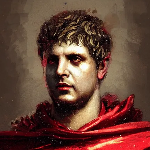 Image similar to detailed portrait of emperor nero, old roman style, non - reflective red cloak, decorated with traditional roman ornaments by ismail inceoglu dragan bibin hans thoma greg rutkowski alexandros pyromallis nekro rene maritte illustrated, perfect face, fine details, realistic shaded, fine - face, pretty face