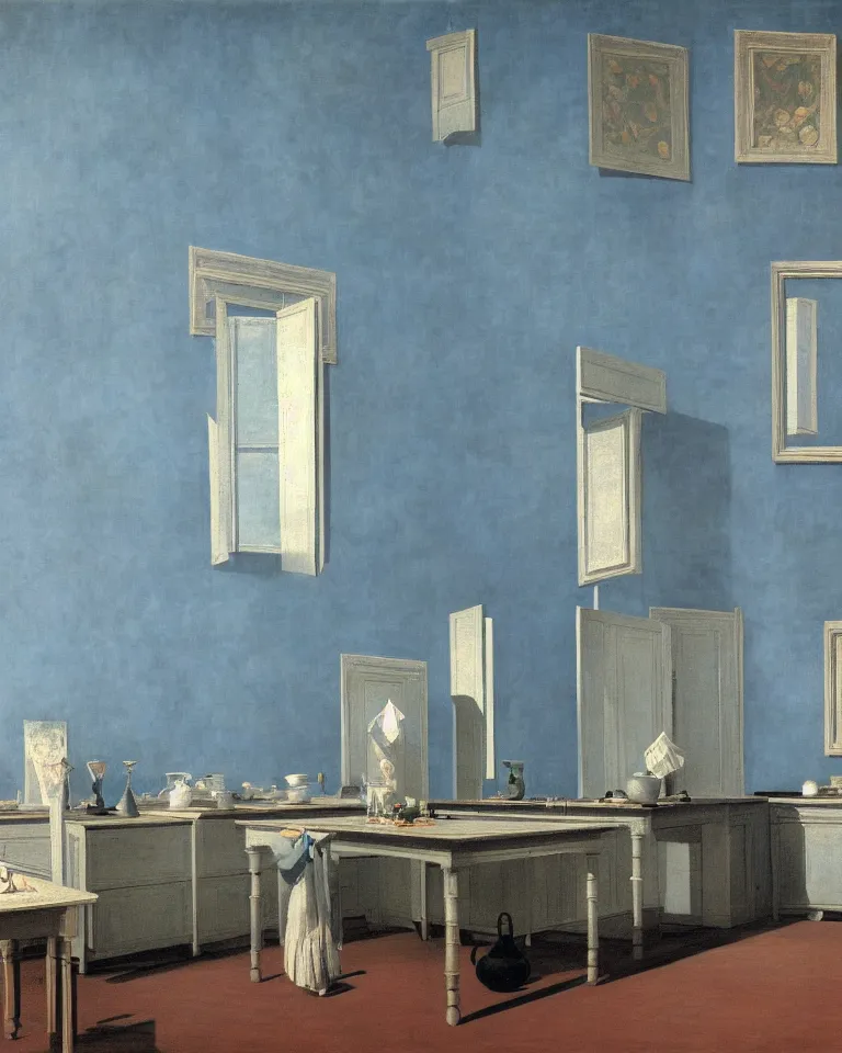 Prompt: achingly beautiful painting of a sophisticated, well - decorated kitchen on baby blue background by rene magritte, monet, and turner. giovanni battista piranesi.