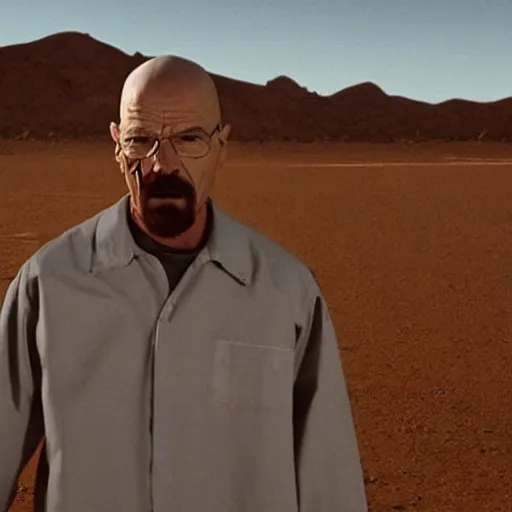 Image similar to walter white in shock with his mouth opened, crying, speechless, desert background, breaking bad