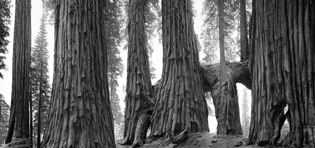 Image similar to house built into and inside a single giant sequoia. photograph by jerry uelsmann.