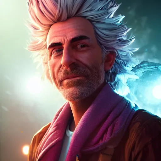 Image similar to portrait art of rick sanchez 8 k ultra realistic, lens flare, atmosphere, glow, detailed, intricate, full of colour, cinematic lighting, trending on artstation, 4 k, hyperrealistic, focused, extreme details, unreal engine 5, cinematic, masterpiece