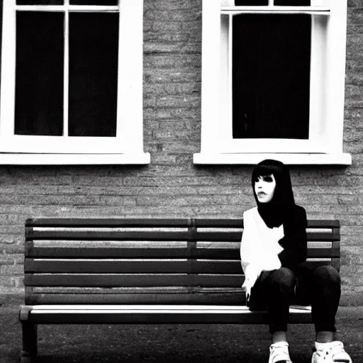 Image similar to emo goth girl sitting on a bench in front of a British house on a hot day, 2006, black hair