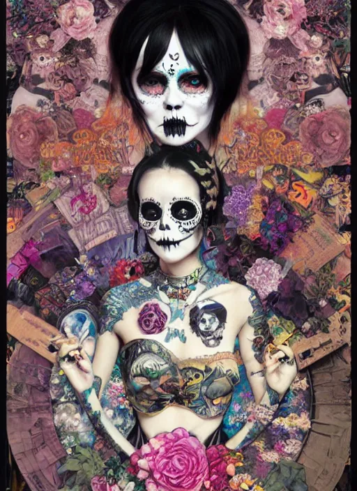 Prompt: cute punk goth fashion fractal Día de los Muertos tattoed girl posing by Zhang Jingna, poster art by Hannah Höch Victor Moscoso Dan Mumford Kilian Eng Hannah Jeffrey Smith Rick Griffin Alphonse Mucha Gustav Klimt Ayami Kojima Amano Charlie Bowater, violet and black