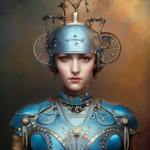 Image similar to by tom bagshaw, breathtaking almond blue eyes, ultra realist vivid soft painting of a carnival of curiosities, single curvy flirt etheral young steampunk female in a full ornated armor gears, cables, led, flying machinery, partial symmetry accurate features, very intricate details, focus, award winning, ultra dense fog