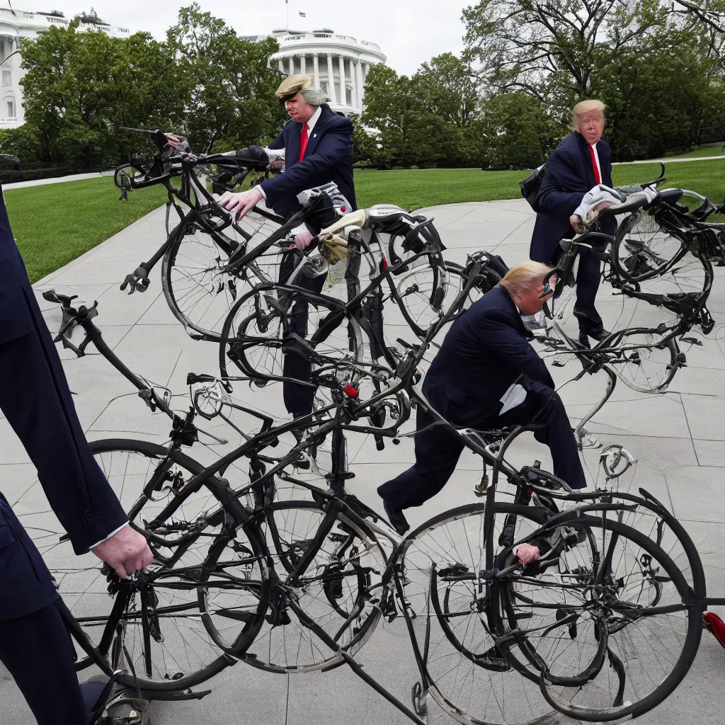 Prompt: trump repairs a bicycle outside the white house