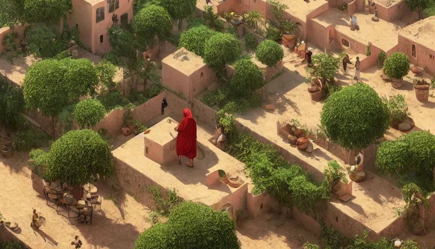 Image similar to very very small moroccan village, sitting on a gigantic green leaf by ilya kuvshinov, rtx rendering, octane render 1 2 8 k, maya, extreme high intricate details by tom bagshaw, medium shot, close up shot, composition by sana takeda, lighting by greg rutkowski