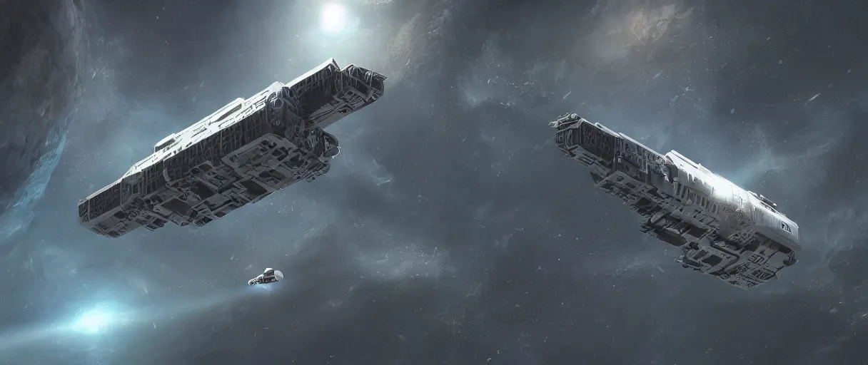 Image similar to illustration, a single small spaceship, deep space exploration, alone, the expanse tv series, industrial design, battlestar galactica tv series (2004), cinematic lighting, 4k, greebles, widescreen, wide angle, sharp and blocky shapes, extraterrestrial paradise, hyper realistic, hubble photography, wakfu palette, beksinski