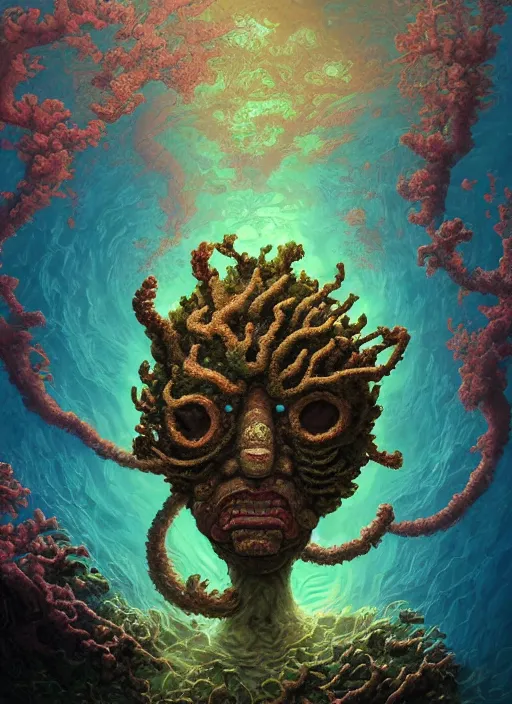 Prompt: nuclear men - yoroi mask, corals, seaweed, extremly detailed digital painting, vibrant colors, in the style of artgem and tomasz alen kopera and fenghua zhong and peter mohrbacher, mystical colors, rim light, beautiful lighting, 8 k, stunning scene, raytracing, octane, trending on artstation