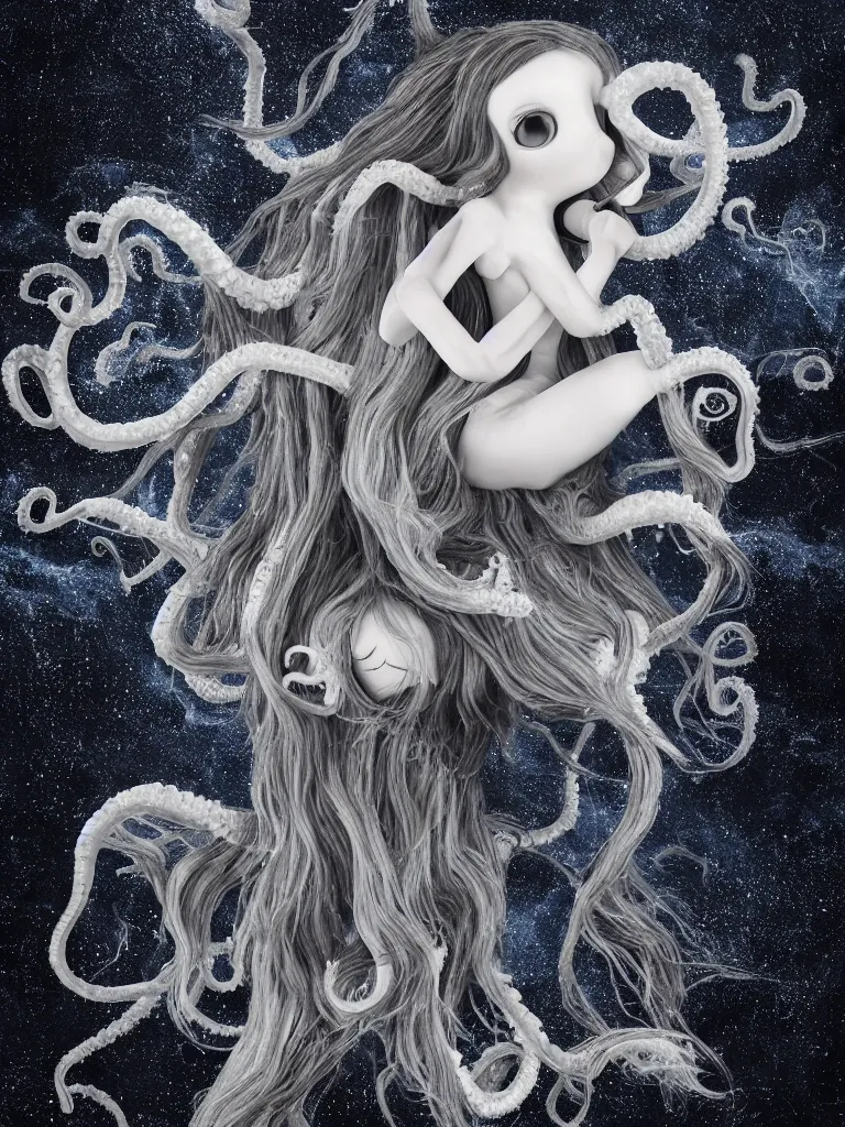 Image similar to cute fumo plush gothic octopus maiden alien girl combing her hair in the waves of the wavering dark galactic abyss, ocean wave thunderstorm and reflective splashing water, black and white, ocean simulation, vignette, vray
