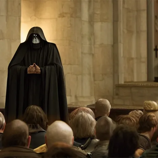 Image similar to emperor palpatine preaching to people at church, 8k cinematic lighting, very sharp detail, anatomically correct