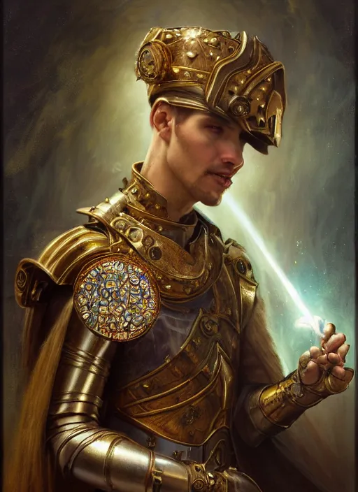 Prompt: hyper realistic knight casting a spell, refined details, denoised, birds eye view, magical, gems, jewels, gold, steampunk, cyberpunk utopia, painted by tom bagshaw, mucha, gaston bussiere, craig mullins, j. c. leyendecker 8 k