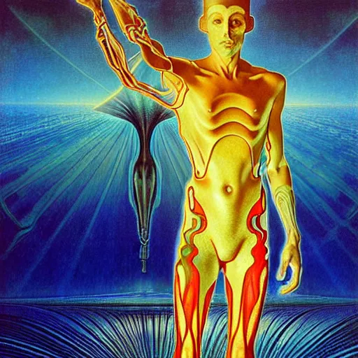 Image similar to realistic extremely detailed portrait painting of a glowing male silhouette, futuristic sci-fi landscape on background by Jean Delville, Amano, Yves Tanguy, Alphonse Mucha, Ernst Haeckel, Edward Robert Hughes, Roger Dean, rich moody colours, blue eyes