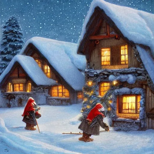 Image similar to many dwarves in front of a warm cabin in the snow, winter wonderland, cozy, nostalgia, Christmas, warmness, artwork in the style of Alan Lee