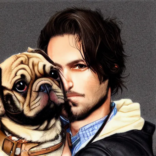 Image similar to self portrait, young handsome man with short light brown hair and light sking holding a pug for a picture, pencil art, added detail, high definiton, colored, backfacing, by yoji shinkawa