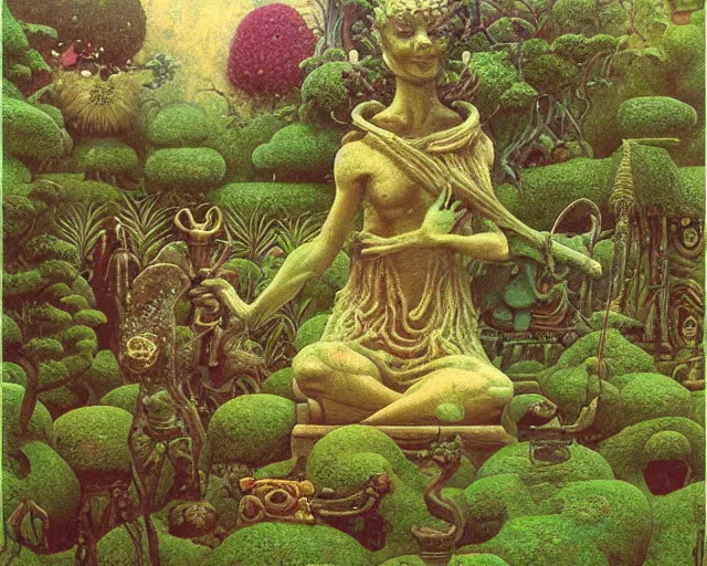 Image similar to strange weird pagan luscious garden with amazing little altars and japanese plants with a gigantic statue fountain of an ancient god stretching its arms above the garden by beksinski, digital art, oil painting, colorful, artstation, australian tonalism escher, minimalist, very clear, no blur, serene