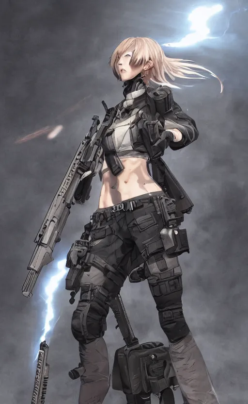 Prompt: highly detailed, high resolution, character design art, stunning, volumetric lightning, realistic guns, girls frontline style, matte, sharp focus, 130mm, illustration, artstation, by yusuke kozaki, professional result, realistic human anatomy, simple design, realistic military gear, metal gear style