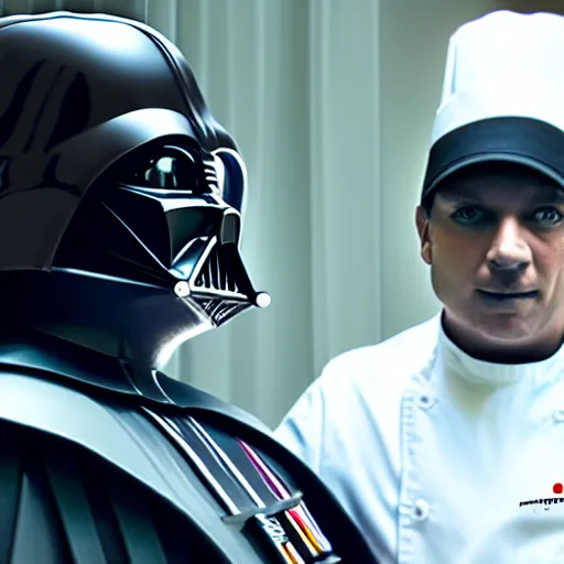 Prompt: A still of Darth Vader with a chef's hat, 4k, photograph, ultra realistic, highly detailed, professional lighting