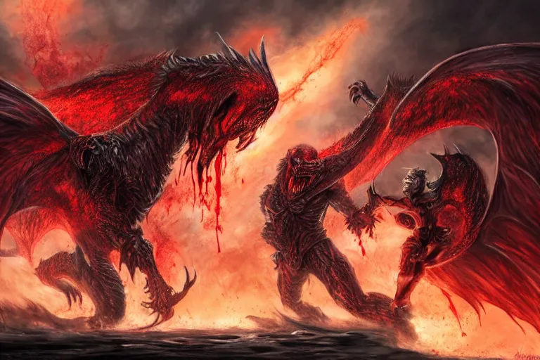 Image similar to ultra-detailed epic artwork of blood lord fighting black angel in the battle of humans with blood dragons in the bone valley digital art hd 8k ultra-detailed