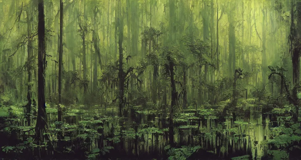 Image similar to A dense and dark enchanted forest with a swamp, by John Berkey