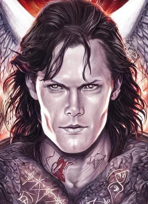 Image similar to Sam Winchester as an angel with religious tattoos on chest and neck, with glowing runes on the body, grimdark book cover style, D&D dark fantasy style, sharp focus, ultra detailed, art by Artgerm and Peter Andrew Jones, Ayami Kojima, Amano and Olivier Ledroit