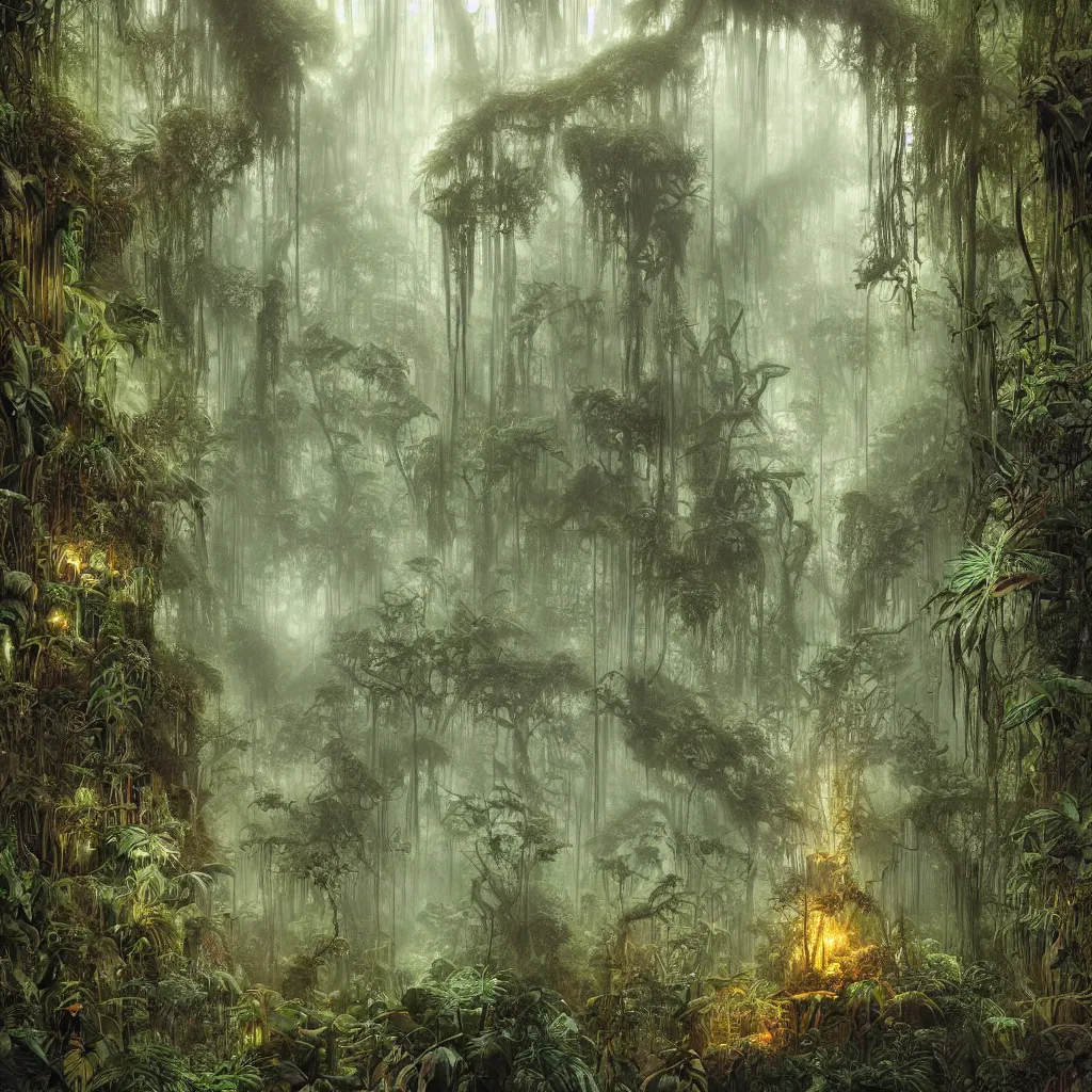 Image similar to a dark enchanted rainforest jungle at night, upward cinematic angle, thick mist, by rodney matthews, michael kaluta, bernie wrightston, and stephen gammell, ghostly low light, stunning composition, intricate, elegant, digital art, hyperdetailed, full color mixed media painting, hyperrealistic, sharp focus, 8k