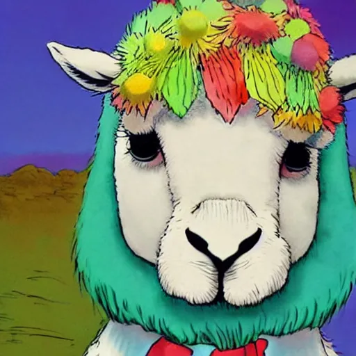 Image similar to cute alpaca wearing a tuxedo by Hayao Miyazaki, beautiful, colorful