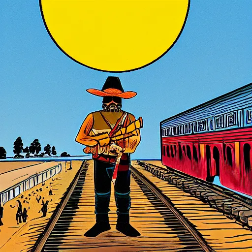 Image similar to bearded bandito with pancho and sombrero standing on top of a train at sunset, dave gibbons